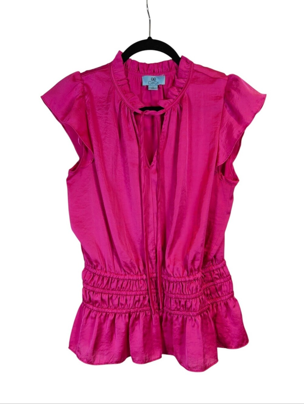 CECE Fuchsia Ruffle-Trim Smocked Peplum Blouse Size Small